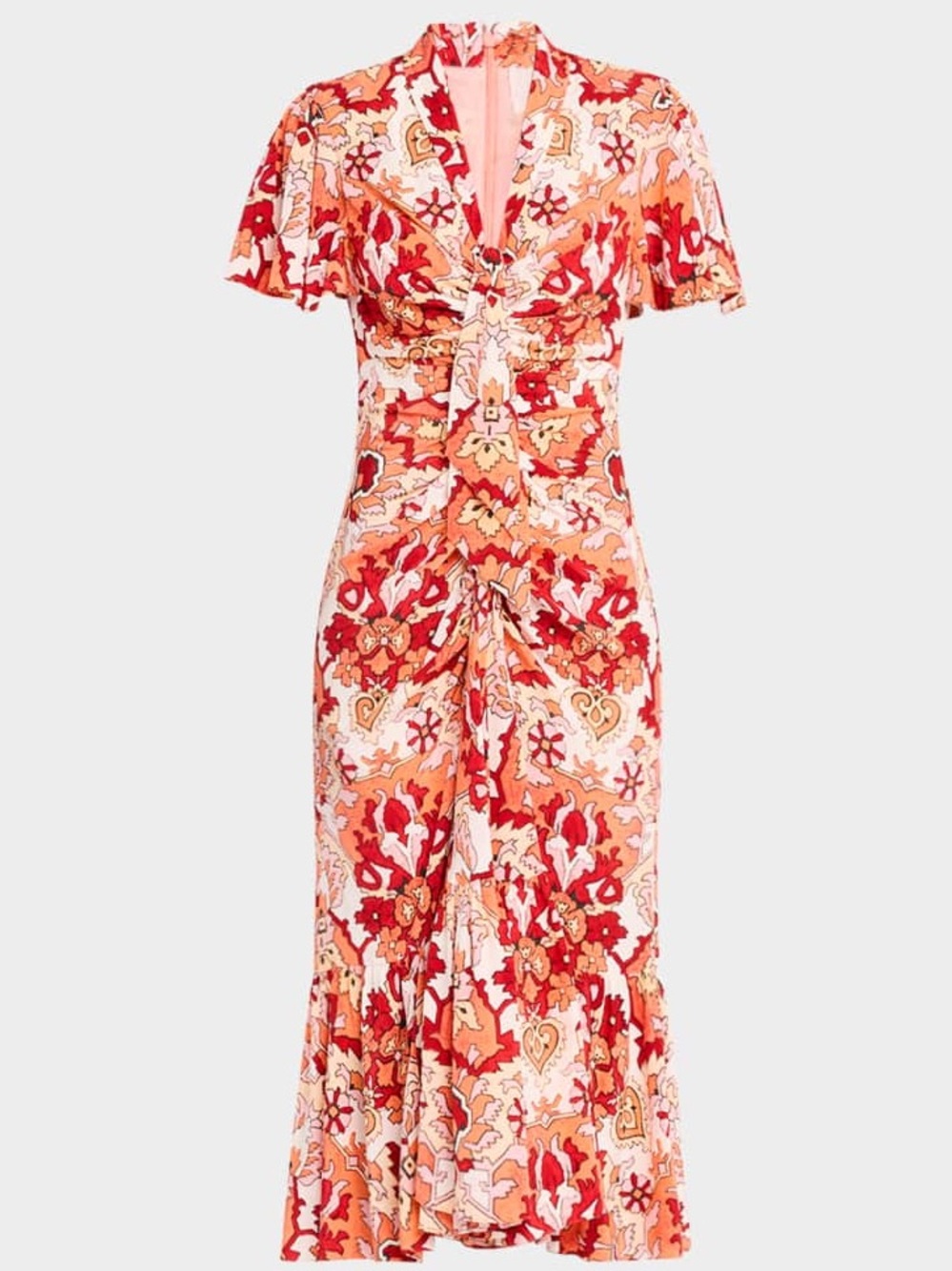 CINQ A SEPT Poppy Ruched Ruffle Red Peach Floral Midi Dress